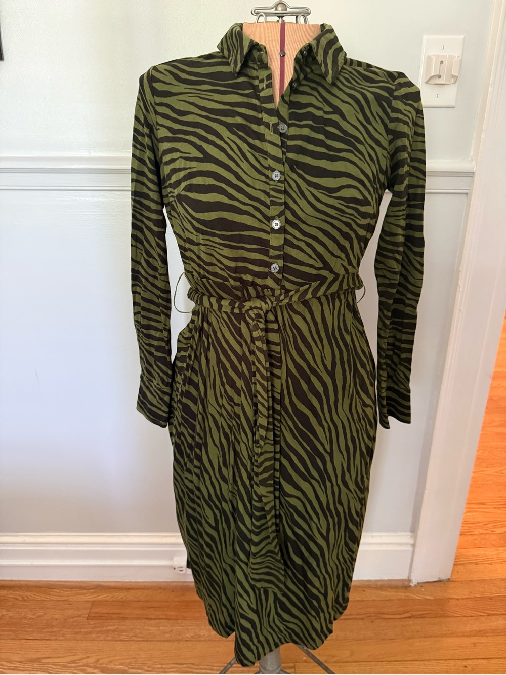 Boden Olive Green Zebra Print Shirt Dress with Tie Waist